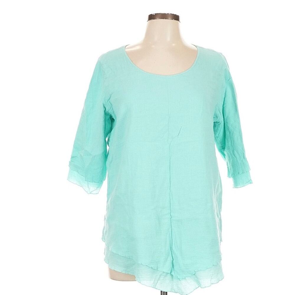 Soft Surrounding Cotton Gauze Tunic Top Aqua Ruffle Sl Boho Womens Lg